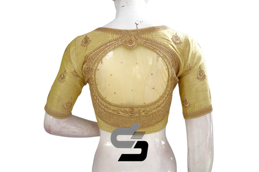Gold Color Semi Silk High Neck Embroidery Readymade Saree Blouse and Crop top - D3blouses