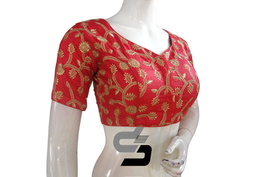 Red Color Semi Silk Designer Embroidery Readymade Saree Blouse and Crop top - D3blouses