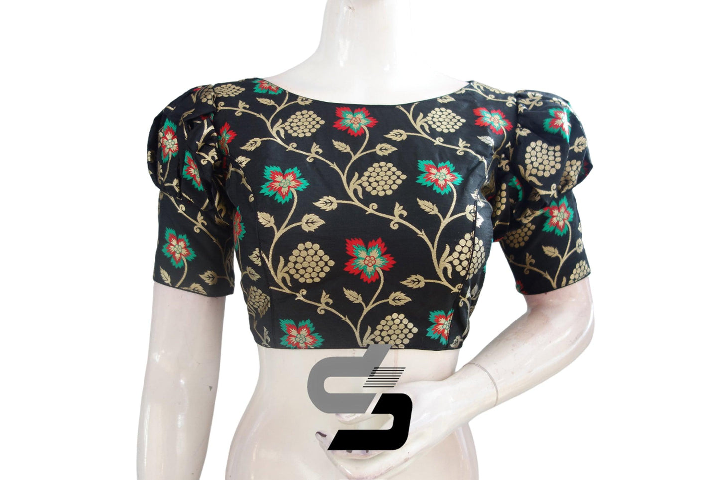 Black Color Banarasi Brocade silk Readymade saree blouse with Puff Sleeves, Indian Readymade blouse, Crop top, - D3blouses