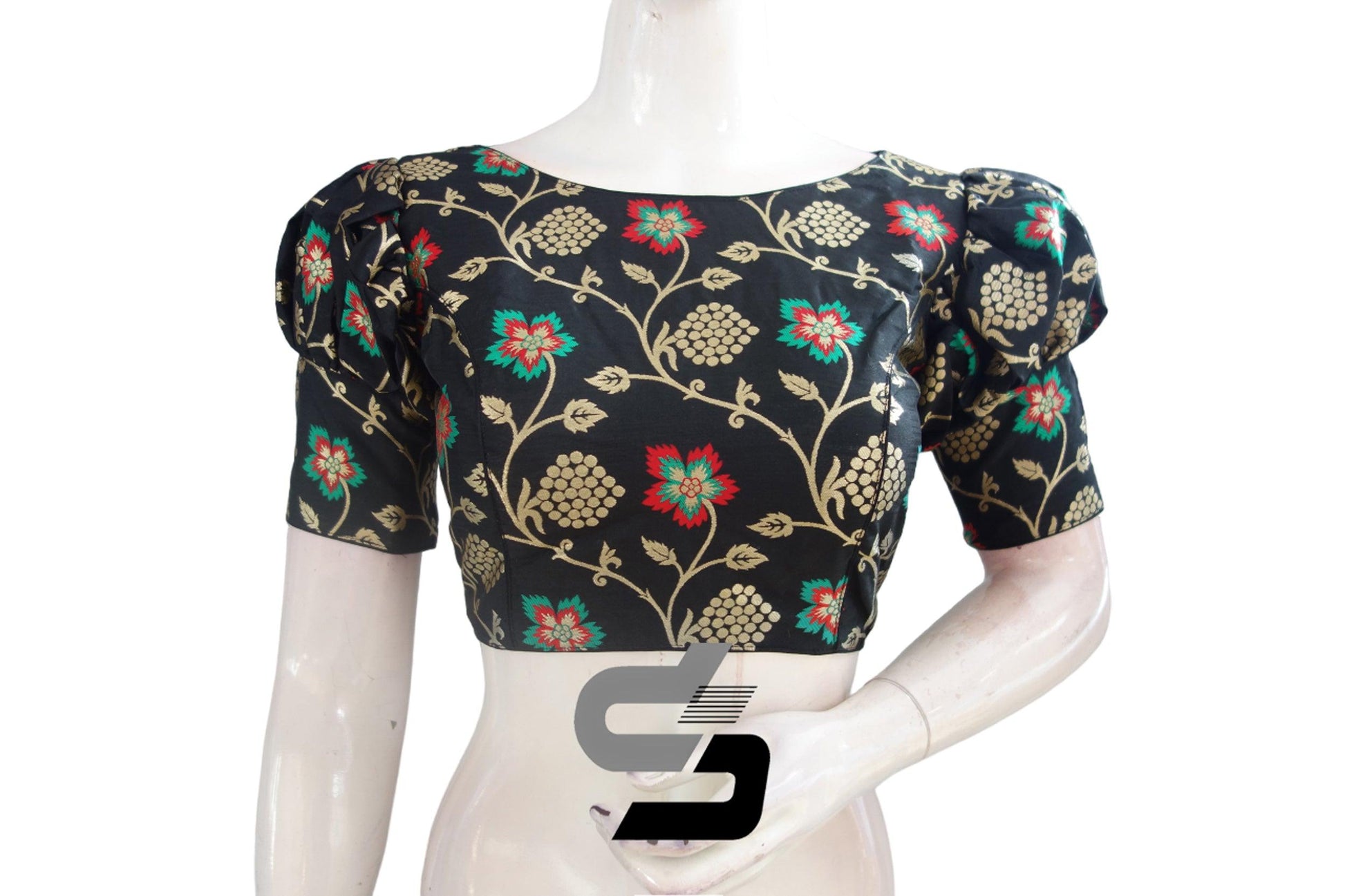 Black Color Banarasi Brocade silk Readymade saree blouse with Puff Sleeves, Indian Readymade blouse, Crop top, - D3blouses