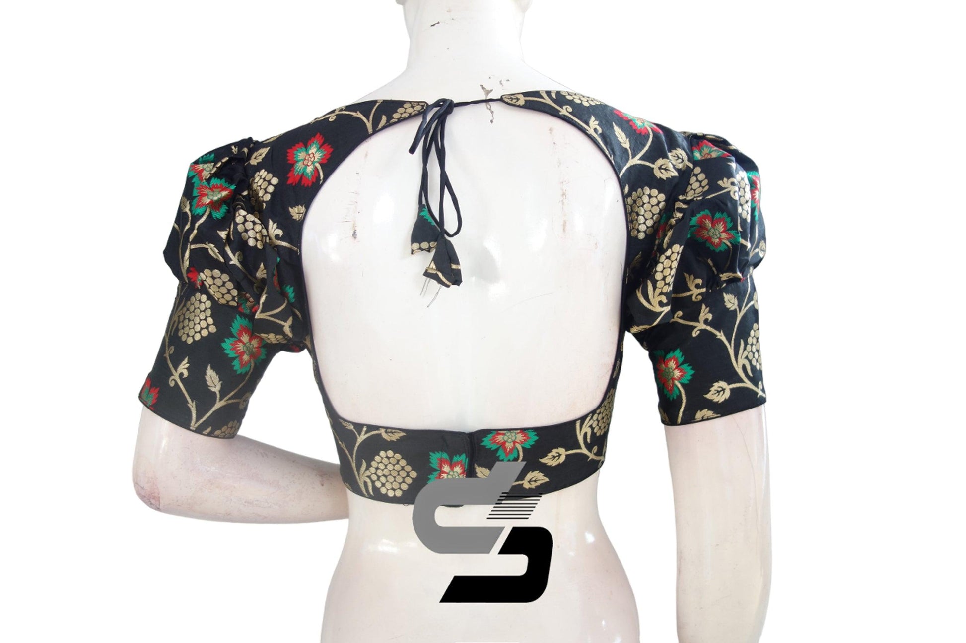 Black Color Banarasi Brocade silk Readymade saree blouse with Puff Sleeves, Indian Readymade blouse, Crop top, - D3blouses