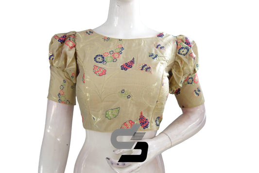Gold Color Banarasi Brocade silk Readymade saree blouse with Puff Sleeves, Indian Readymade blouse, Crop top, - D3blouses