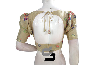 Gold Color Banarasi Brocade silk Readymade saree blouse with Puff Sleeves, Indian Readymade blouse, Crop top, - D3blouses