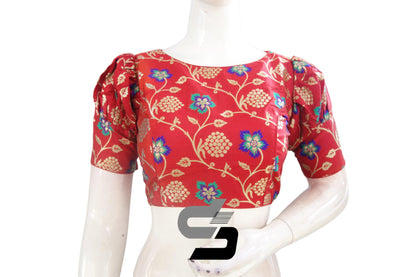 Red Color Banarasi Brocade silk Readymade saree blouse with Puff Sleeves, Indian Readymade blouse, Crop top, - D3blouses