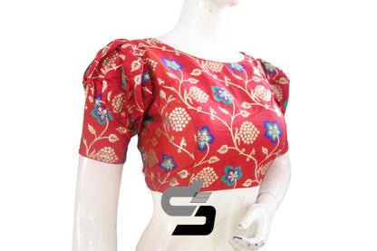 Red Color Banarasi Brocade silk Readymade saree blouse with Puff Sleeves, Indian Readymade blouse, Crop top, - D3blouses