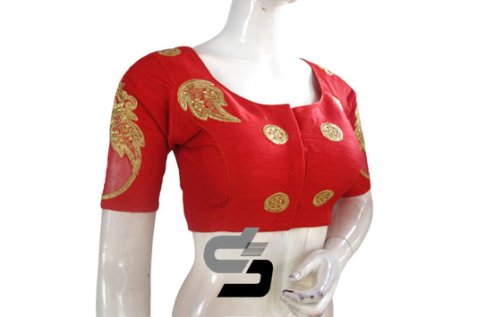 Red Color Designer Semi Silk High Neck Embroidery Readymade Saree Blouses and Crop top - D3blouses