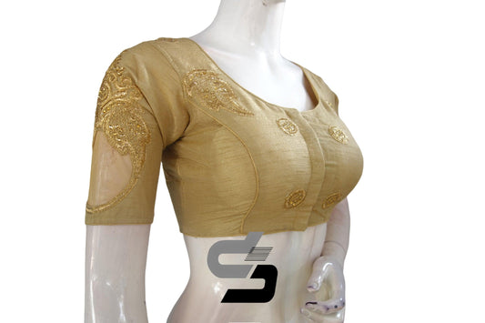 Gold Semi Silk High Neck Embroidered Saree Blouses/Crop Tops: Elevate your style with luxurious sophistication. Featuring intricate embroidery and opulent high neck designs, these pieces add a touch of regal glamour to any outfit.