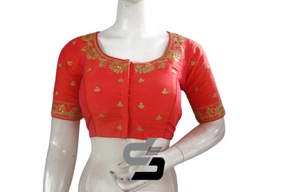 Orange Color Designer Semi Silk High Neck Embroidery Readymade Saree Blouses and Crop top - D3blouses