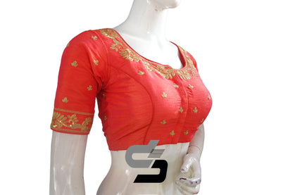 Orange Color Designer Semi Silk High Neck Embroidery Readymade Saree Blouses and Crop top - D3blouses