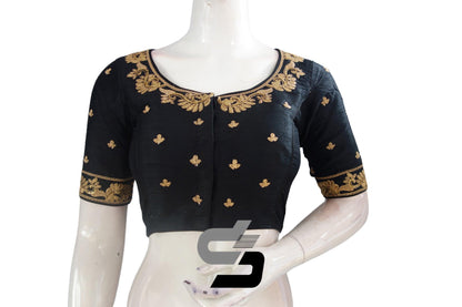 Black Color Designer Semi Silk High Neck Embroidery Readymade Saree Blouses and Crop top - D3blouses