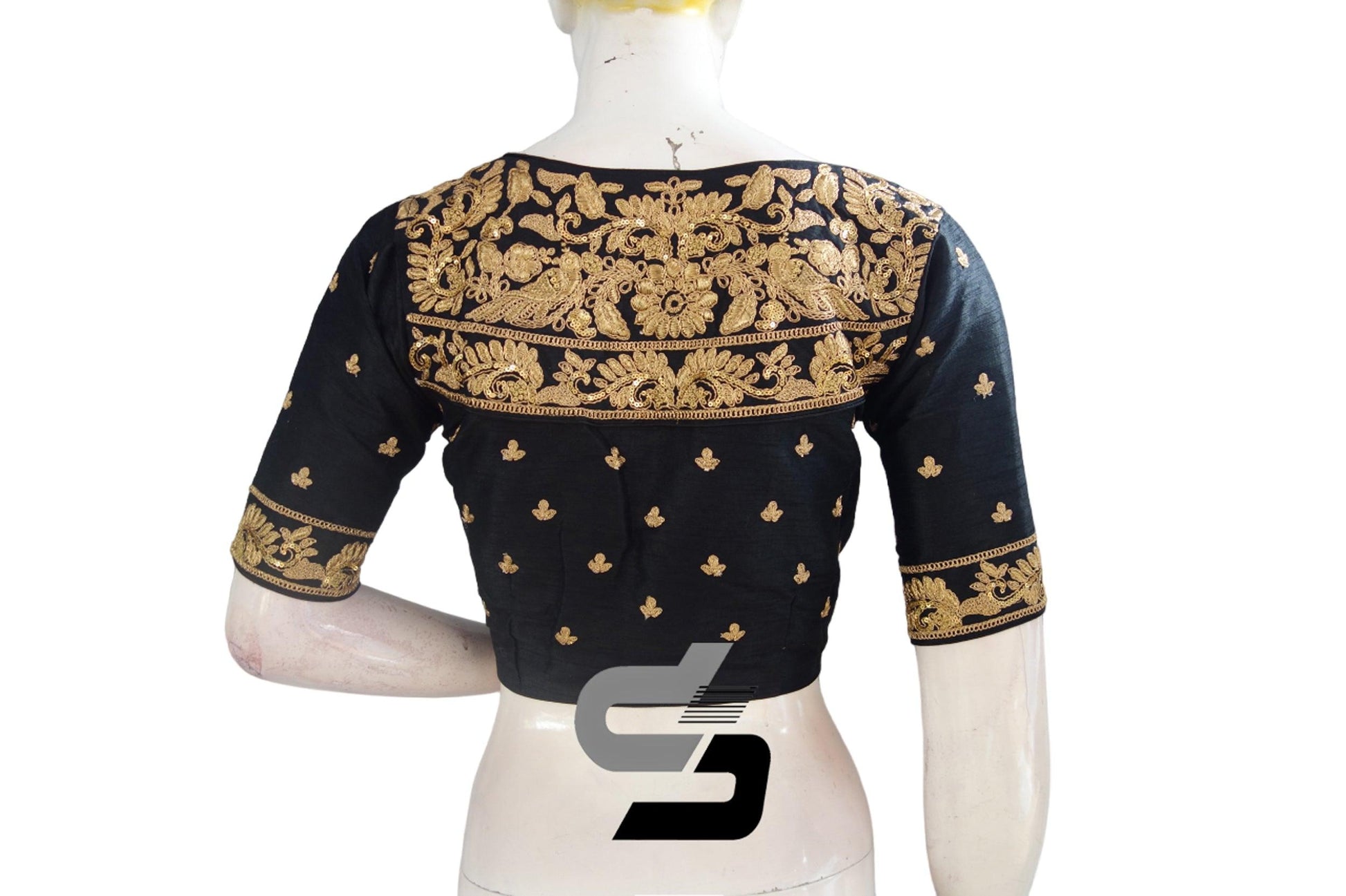 Black Semi Silk High Neck Embroidered Saree Blouses/Crop Tops: Elevate your ensemble with timeless elegance and intricate embroidery, blending sophistication with versatile style.