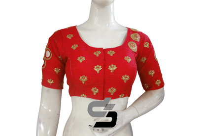 Red Color Designer Semi Silk High Neck Embroidery Readymade Saree Blouses and Crop top - D3blouses