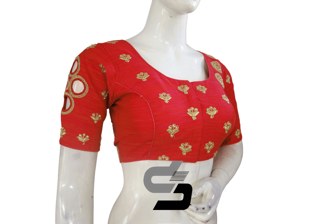 Red Semi Silk High Neck Embroidered Saree Blouses/Crop Tops: Make a bold statement with these elegant pieces, showcasing intricate embroidery and stylish high neck designs for a timeless and sophisticated look.