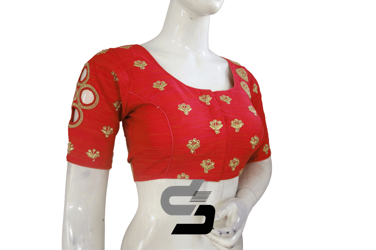 Red Color Designer Semi Silk High Neck Embroidery Readymade Saree Blouses and Crop top - D3blouses