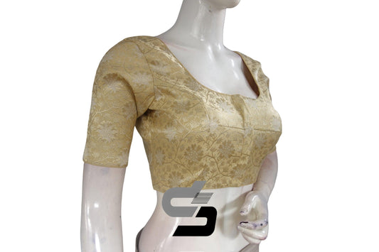 Gold Color Silver Mix Premium Brocade Silk Readymade Saree Blouse, Indian Readymade Blouse - D3blouses