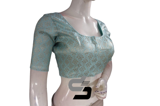 Pastel Blue Color Silver Mix Premium Brocade Silk Readymade Saree Blouse, Indian Readymade Blouse - D3blouses
