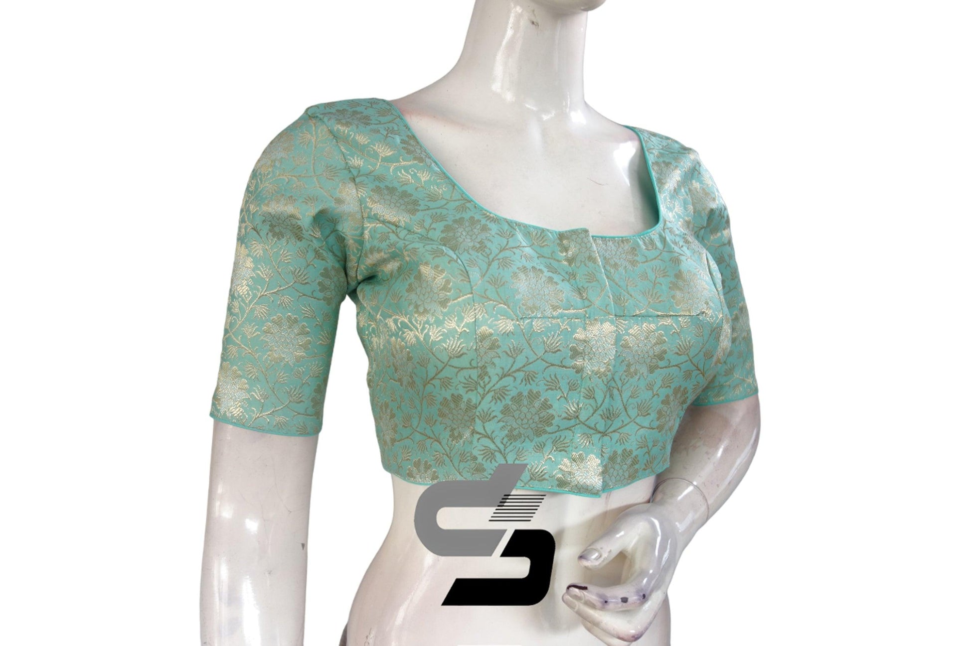 Pastel Green Color Silver Mix Premium Brocade Silk Readymade Saree Blouse, Indian Readymade Blouse - D3blouses