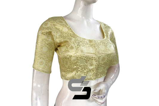 Pastel Yellow Color Silver Mix Premium Brocade Silk Readymade Saree Blouse, Indian Readymade Blouse