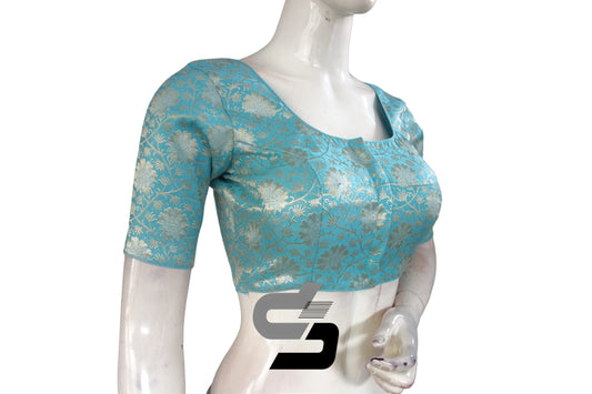 Blue Color Silver Mix Premium Brocade Silk Readymade Saree Blouse, Indian Readymade Blouse