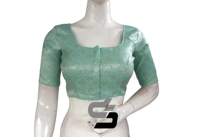 Pastel Green Color Silver Mix Premium Brocade Silk Readymade Saree Blouse, Indian Readymade Blouse
