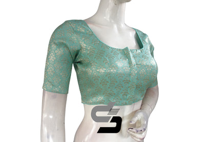 Pastel Green Color Silver Mix Premium Brocade Silk Readymade Saree Blouse, Indian Readymade Blouse