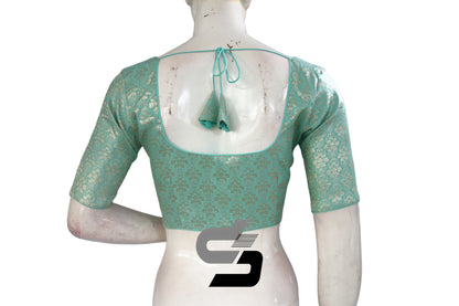 Pastel Green Color Silver Mix Premium Brocade Silk Readymade Saree Blouse, Indian Readymade Blouse