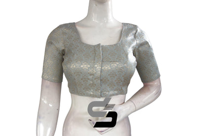Grey Color Silver Mix Premium Brocade Silk Readymade Saree Blouse, Indian Readymade Blouse