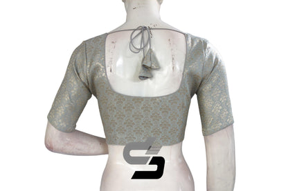 Grey Color Silver Mix Premium Brocade Silk Readymade Saree Blouse, Indian Readymade Blouse