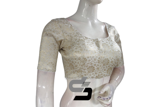 Off-White Color Silver Mix Premium Brocade Silk Readymade Saree Blouse, Indian Readymade Blouse