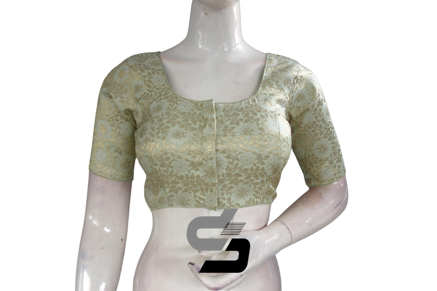 Pastel Green Color Silver Mix Premium Brocade Silk Readymade Saree Blouse, Indian Readymade Blouse
