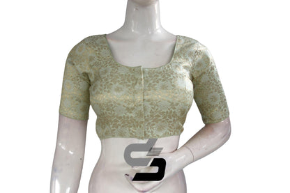 Pastel Green-Silver Mix Premium Brocade Silk Saree Blouse, Indian Ethnic Wear