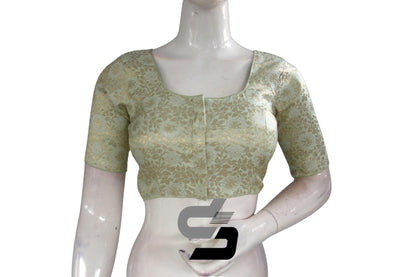 Pastel Green Color Silver Mix Premium Brocade Silk Readymade Saree Blouse, Indian Readymade Blouse