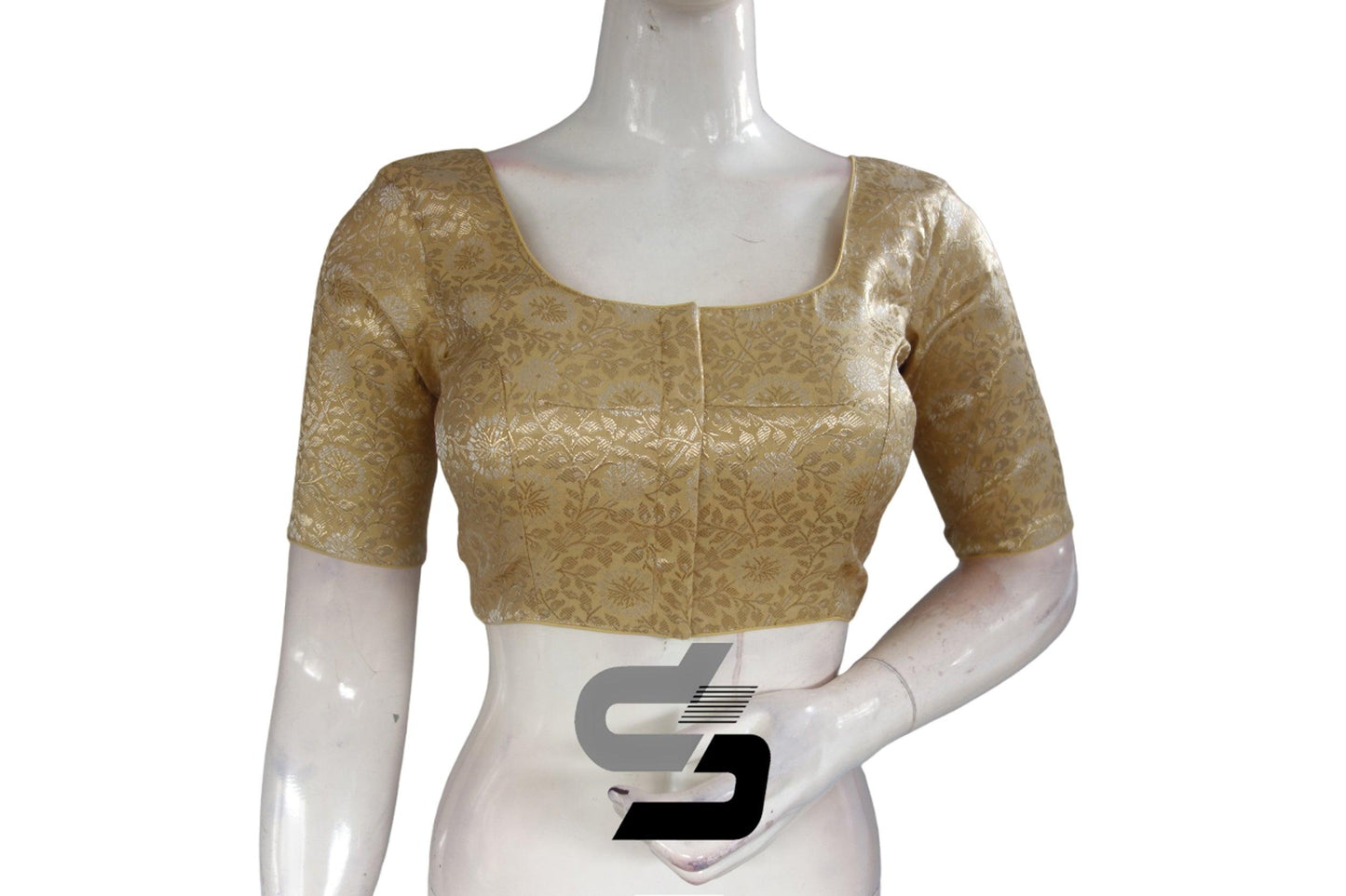 Gold-Silver Mix Premium Brocade Silk Saree Blouse, Indian Ethnic Wear