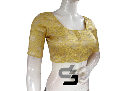 Yellow Color Silver Mix Premium Brocade Silk Readymade Saree Blouse, Indian Readymade Blouse