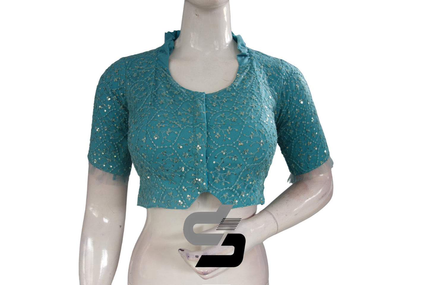 Pastel Blue Color Collared Neck Designer Netted Sequin Readymade Saree Blouse, Indian Designer Sequins Blouse
