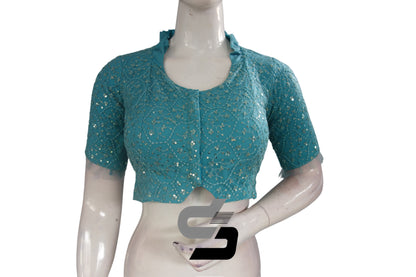Pastel Blue Color Collared Neck Designer Netted Sequin Readymade Saree Blouse, Indian Designer Sequins Blouse