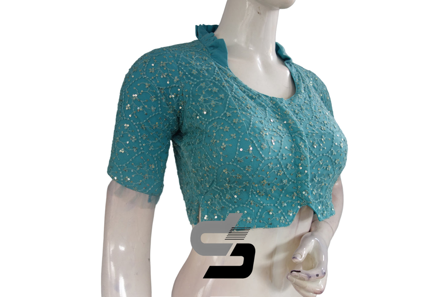 Pastel Blue Color Collared Neck Designer Netted Sequin Readymade Saree Blouse, Indian Designer Sequins Blouse