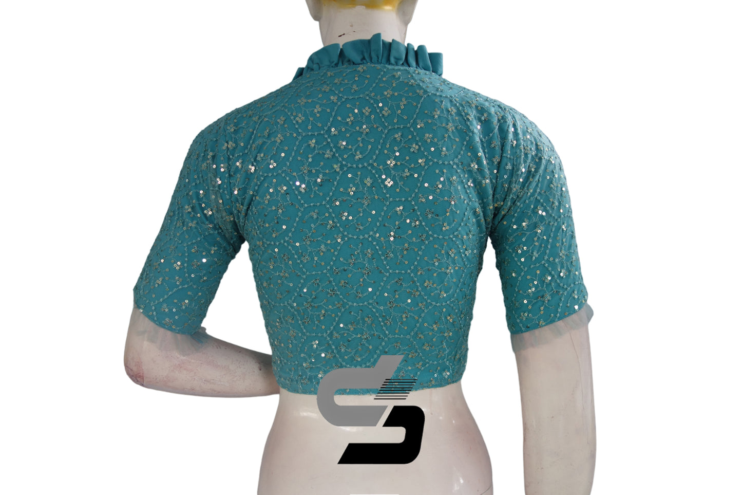 Pastel Blue Color Collared Neck Designer Netted Sequin Readymade Saree Blouse, Indian Designer Sequins Blouse