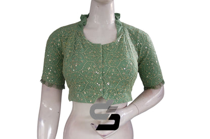 Pastel Green Color Collared Neck Designer Netted Sequin Readymade Saree Blouse, Indian Designer Sequins Blouse