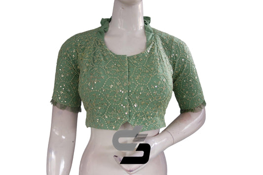 Pastel Green Color Collared Neck Designer Netted Sequin Readymade Saree Blouse, Indian Designer Sequins Blouse - D3blouses