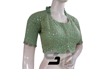 Pastel Green Color Collared Neck Designer Netted Sequin Readymade Saree Blouse, Indian Designer Sequins Blouse