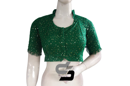 Green Color Collared Neck Designer Netted Sequin Readymade Saree Blouse, Indian Designer Sequins Blouse