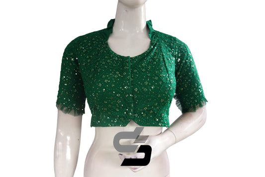Green Color Collared Neck Designer Netted Sequin Readymade Saree Blouse, Indian Designer Sequins Blouse - D3blouses