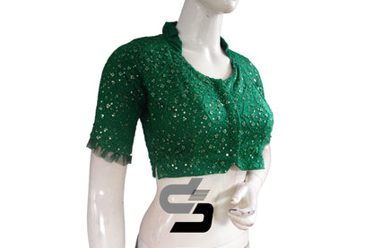 Green Color Collared Neck Designer Netted Sequin Readymade Saree Blouse, Indian Designer Sequins Blouse