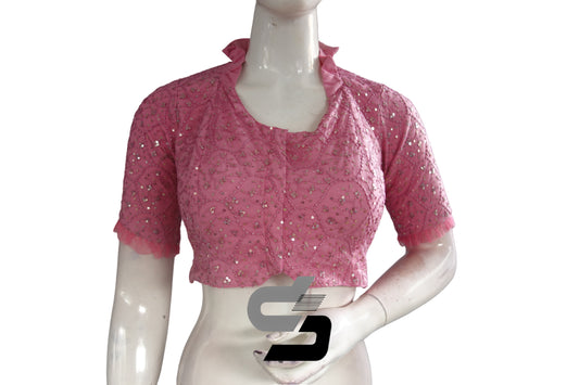 Pastel Pink Color Collared Neck Designer Netted Sequin Readymade Saree Blouse, Indian Designer Sequins Blouse