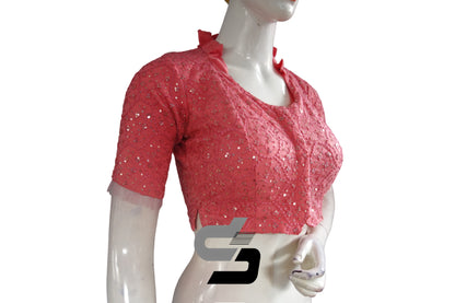 Peach Pink Color Collared Neck Designer Netted Sequin Readymade Saree Blouse, Indian Designer Sequins Blouse