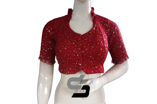 Red Color Collared Neck Designer Netted Sequin Readymade Saree Blouse, Indian Designer Sequins Blouse