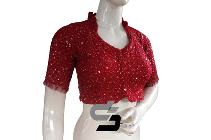 Red Color Collared Neck Designer Netted Sequin Readymade Saree Blouse, Indian Designer Sequins Blouse