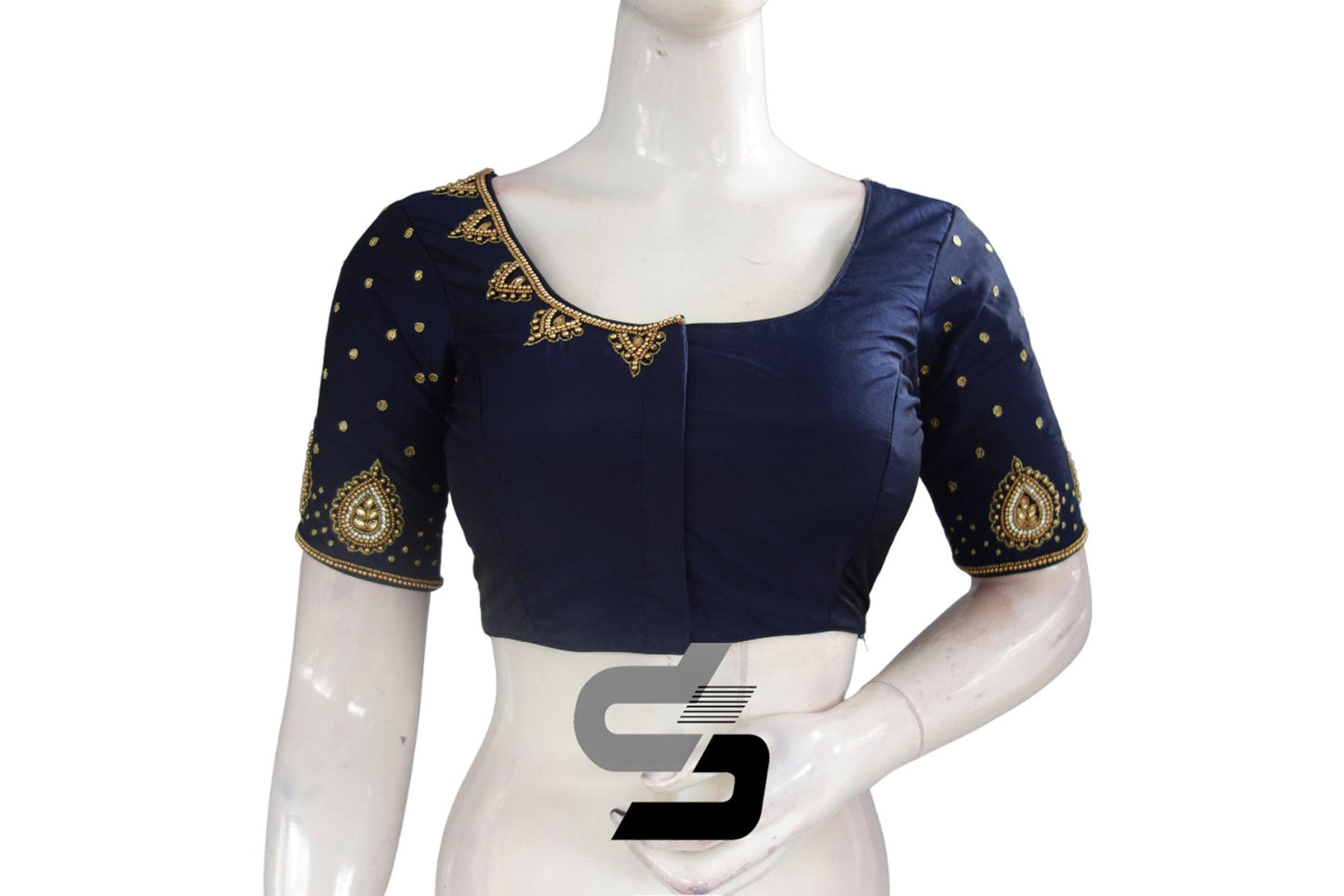 Elegant Navy Blue Bridal Handwork Saree Blouse, Traditional Indian Ethnic Attire