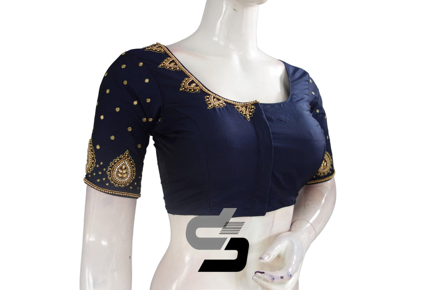 Navy Blue color Bridal Handwork Readymade Saree Blouse, Indian Ethnic Blouse